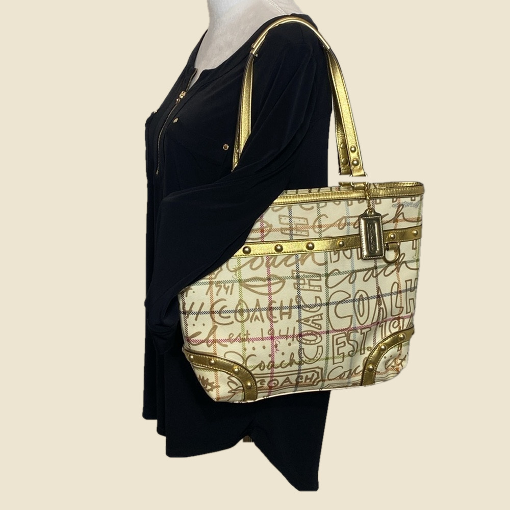 COACH LIMITED EDITION Heritage Cream/Gold Graffiti Tattersall Tote F13188 - Picture 2 of 16